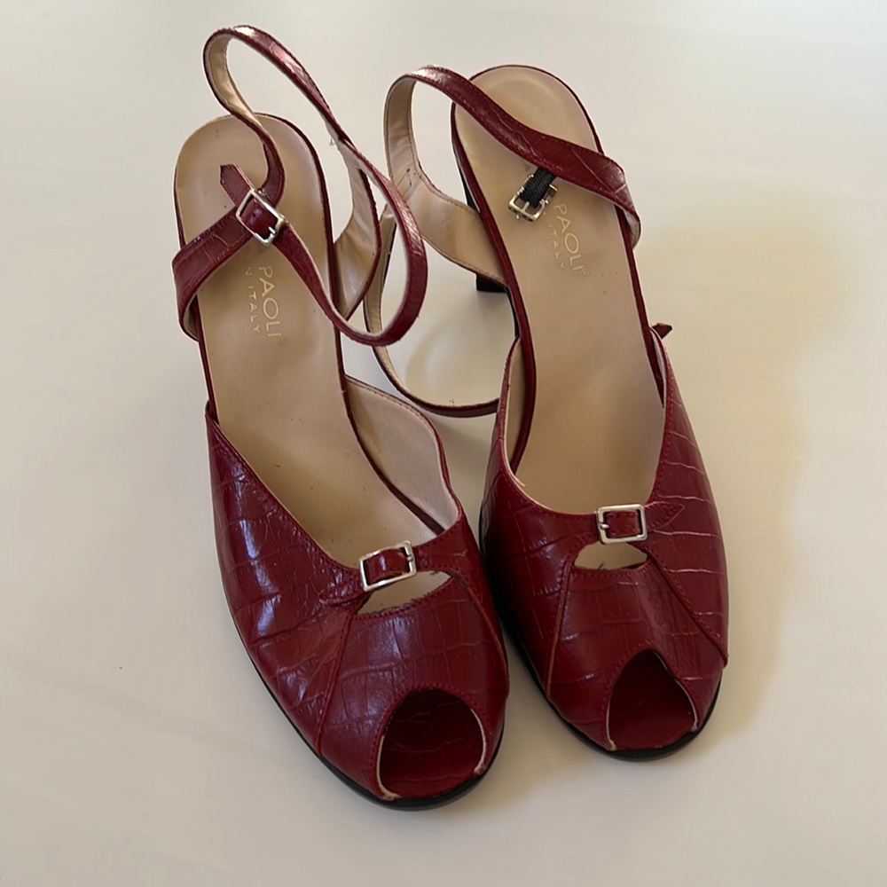 Mila Paoli red peep-toe heels, S9.5 | strappy Italian leather